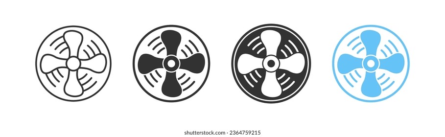 Cool fan icon. Air ventilator symbol. Electric cooler signs. Rotor airflow symbols. Conditioner for computer icons. Black, blue color. Vector isolated sign.