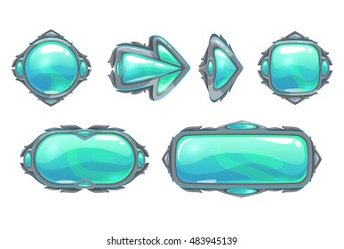 Cool fantasy blue buttons set for war game design. Vector assets for gui design. Isolated on white.