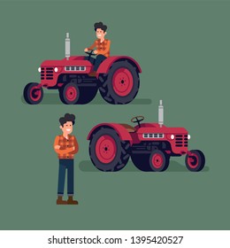 Cool farmer character with compact tractor. Male rural farm worker riding a agricultural machine and standing next to it. Cheerful rural heavy machinery driver flat design illustration