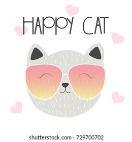 Cool fashion cat with sunglasses. Vector hand drawn illustration.