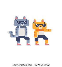 Cool fashion cats character in sunglasses pixel art style. Furry art. Stickers and embroidery design. Isolated vector illustration. 80s style.