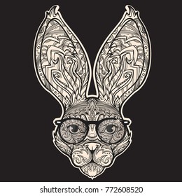 Cool and fashion face of rabbit with styled eyeglasses, vector illustration isolated on black background, can be used for some print or sticker