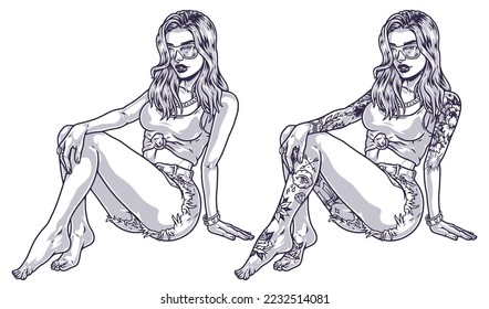 Cool fashion girl monochrome emblem tattooed in Chicano style dressed in shorts sits and looking at camera vector illustration