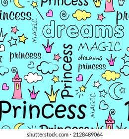 cool fashion seamless,turquoise pattern for princess. vector illustration of crown heart fairy tale castle magic wand moon stars on a blue background. cool party for girls. white words on blue