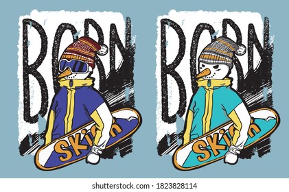 Cool fashion snowman fur hat skiing skier boy kid cartoon CHILL winter snow  print illustration stationery vector card Background and character is independent object VECTOR not merge object 