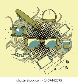 Cool and fashion sunglasses camera skateboard hat smartphone and coffee cartoons vector illustration graphic design