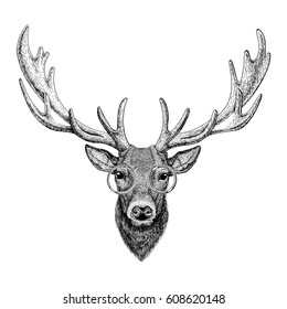 Cool fashionable deer Hipster animal Vintage style illustration for tattoo, logo, emblem, badge design