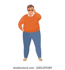 Cool fat boy. Obese man wearing glasses, casual dressed chubby man vector cartoon illustration