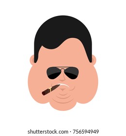 Cool Fat serious face avatar. Stout guy smoking cigar emoji. Big man strict. Vector illustration