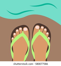 cool feet of woman with a nice & clean Nails wearing a vector flip-flops Standing on the beach. female's feet on a flat design Seashore with waves