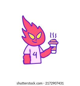 Cool fire character drink cup of coffee, illustration for t-shirt, sticker, or apparel merchandise. With doodle, retro, and cartoon style.