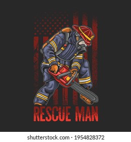 cool fire fighting rescue man use chain saw illustration 