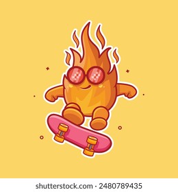 mascota de personaje de llama de fuego fresco jugando skateboard caricatura aislada