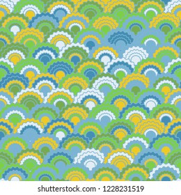 Cool fish scales squama background, vector seamless fabric pattern, tiled textile print. Classic japanese squama scales seamless arc tiles mosaic. Siren skin pattern.