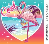Cool Flamingo drinks margarita on a sunset landscape