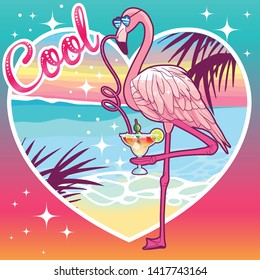 Cool Flamingo drinks margarita on a sunset landscape