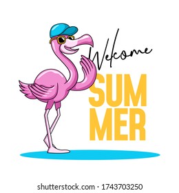 Cool flamingo stand with Welcome summer typography text vector illustration