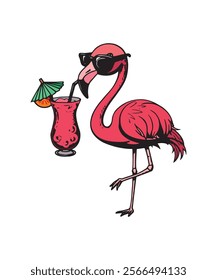 Cool Flamingo in Sunglasses Drinking a Tropical Cocktail – Fun Summer Illustration