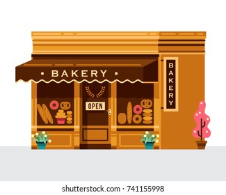 cool flat architecture bakery store front with bread products in window vector illustration