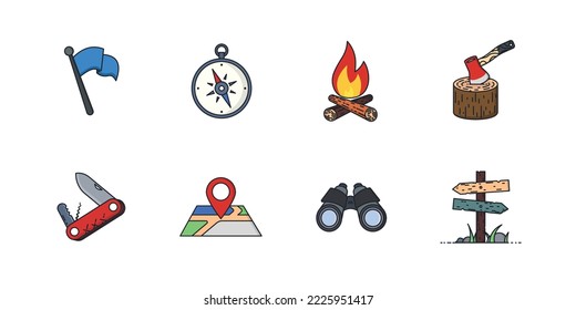 Cool flat camping and outdoor recreation vector icons set. Equipment for traveling, nature capming and tracking and hiking concept flat icon design. 