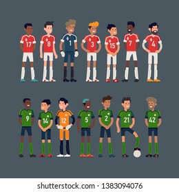 Cool Flat Character Design On Two Rival Soccer Teams Ready For A Game. Football Team Players Lineup, Isolated