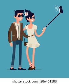 Cool flat character design on young hipster couple standing posing together full length taking photos with mobile smart phone device using selfie stick.