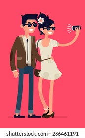 Cool flat character design on young hipster couple standing posing together full length taking photos with mobile smart phone device. Couple taking self portraits with mobile phone camera