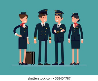 Cool flat character design on civil commercial aircrew standing isolated. Group of officers and flight attendants standing smiling. Stewardesses, pilot and copilot standing, isolated