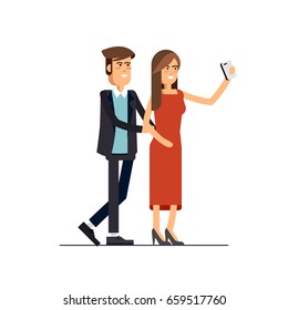 Cool flat character design on young hipster couple standing posing together full length taking photos with mobile smart phone device. Couple taking self portraits with mobile phone camera