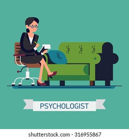 Cool flat concept design on friendly psychologist female character | Therapist sitting wearing glasses holding notepad ready to begin session in her psychology cabinet with sofa