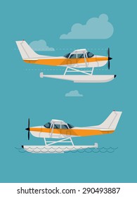 Cool flat design aviation decorative elements on small amphibian plane landed on water and flying in the sky, side view