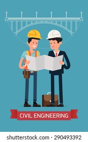 Cool Flat Design Civil Engineers Characters Standing Full Length Reading Blueprint Together With Road Bridge Project On Background | Builders Studying Building Scheme