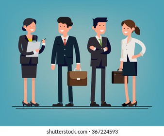 Cool flat design corporate business people line-up. Group of office workers standing smiling. Men and women in office wear full length, isolated