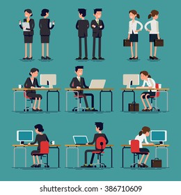 Cool flat design corporate business team people standing and sitting behind desk. Office workers, front and rear view. Men and women in sitting and standing poses