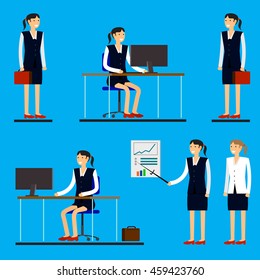 Cool flat design corporate business people line-up. Group of office workers standing smiling. Men and women in office wear full length, isolated