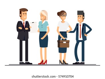 Cool flat design corporate business people line-up. Group of office workers standing smiling. Men and women in office wear full length, isolated