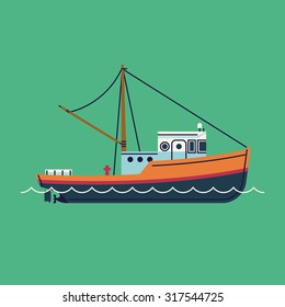 Cool flat design fishing boat seaway transportation web icon | Fishing vessel decorative graphic design element, side view, isolated