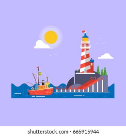 Cool flat design fishing boat seaway transportation.Lighthouse on rock stones island cartoon vector background. Vector illustration