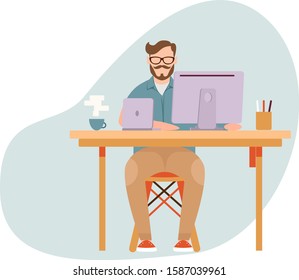 Cool flat design of a freelance worker. Man business. A man sitting on the desk drinking coffee and working. Vector illustration. Minimalist style. Flat trendy stylish illustration. Details