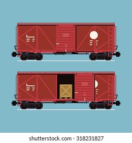 Cool flat design freight train cargo car closed and opened with shipping wooden crate inside | Logistics heavy transport design element