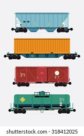 Cool flat design freight train cargo cars. Container, tank, hopper and box freight train cars  | Logistics heavy railway transport design elements