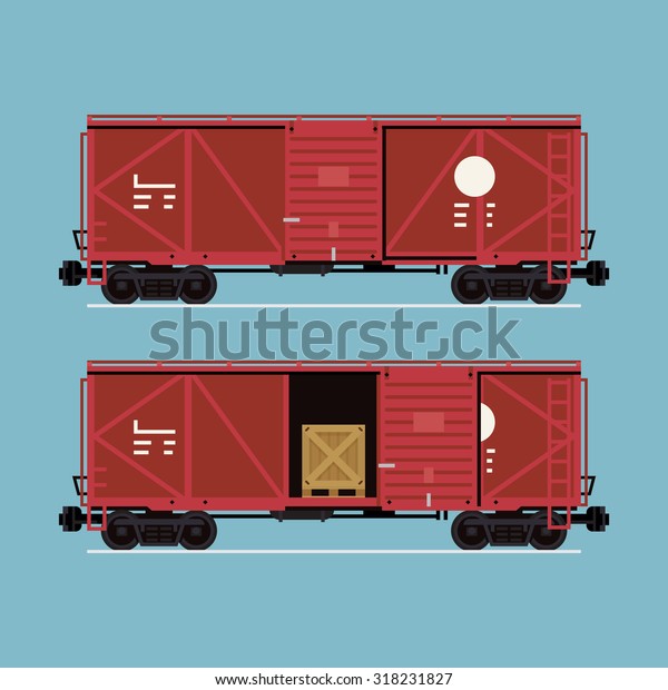 Cool flat design freight train cargo car closed\
and opened with shipping wooden crate inside | Logistics heavy\
transport design element
