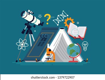 Cool flat design graphic element on science camp with telescope, microscope, science themed graphic elements and a camping tent in the shape of open book