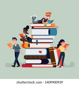 Cool flat design illustration on book lovers reading books sitting, lying and standing next to a stack of giant books. Book store or library themed concept illustration