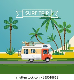 Cool flat design illustration on 'Surf Trip' featuring palm beach and caravan truck with extra luggage on top, bicycles and surf boards. Summer trip concept background 