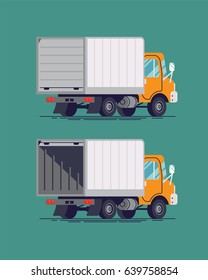 Cool flat design light duty freight truck. Vector delivery trailer truck, back view, closed and open tail gate