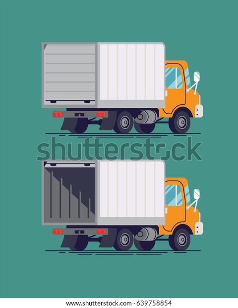 Cool flat\
design light duty freight truck. Vector delivery trailer truck,\
back view, closed and open tail\
gate