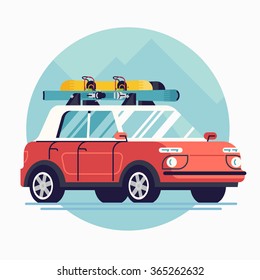 Cool flat design modern crossover vehicle with ski rack on top. Winter sports design element on recreational destination travel by car for skiing and snowboarding carrying own equipment