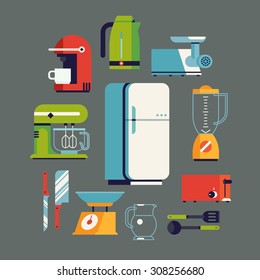 Cool flat design on essential kitchen appliances set, tools and equipment including fridge, electric mixer, coffee maker machine, toaster, electric kettle, blender, knife, meat grinder and utensils