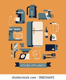 Cool flat design on essential kitchen appliances set, tools and equipment including fridge, electric mixer, coffee maker machine, toaster, electric kettle, blender, knife, meat grinder and utensils